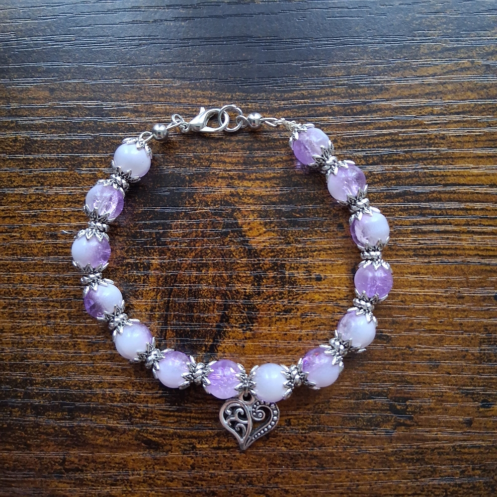 Handmade Purple Bead Heart Charm Bracelet - Women Jewelry